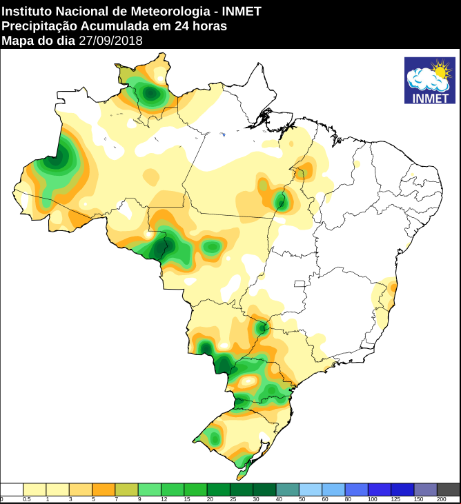 Mapa com a precipitação acumulada nas últimas 24 horas em todo o Brasil - Fonte: Inmet