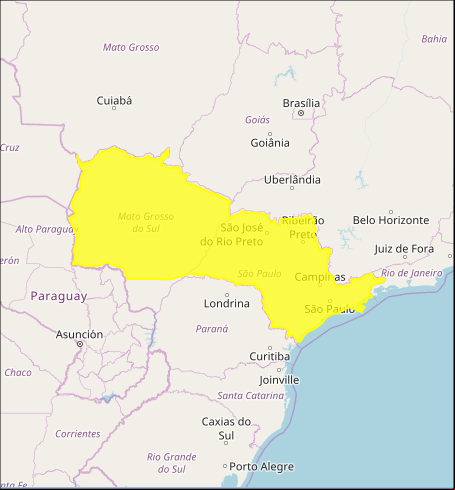 Mapa das áreas com previsão de altos acumulados nesta 3ª feira / SP e MS - Fonte: Inmet