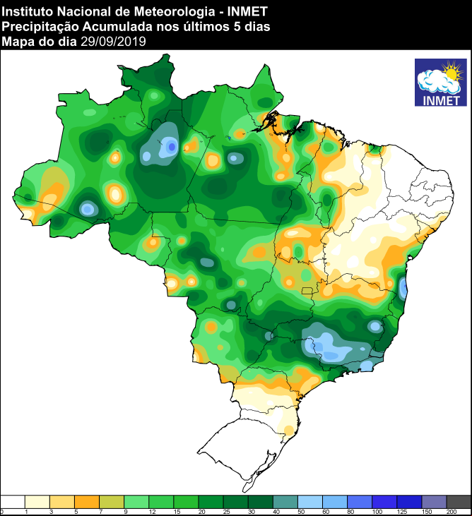 Mapa de precipitação acumulada dos últimos 5 dias em todo o Brasil - Fonte: Inmet