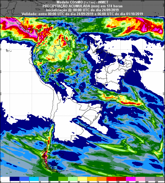 Mapa de precipitação acumulada para os próximos 7 dias em todo o Brasil - Fonte: Inmet