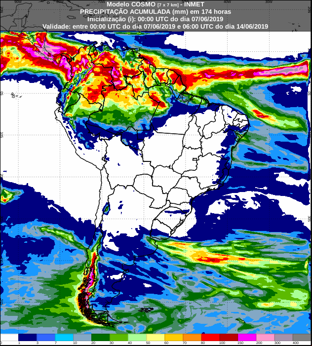 Mapa com a previsão de precipitação acumulada para os próximos sete dias - Fonte: Inmet