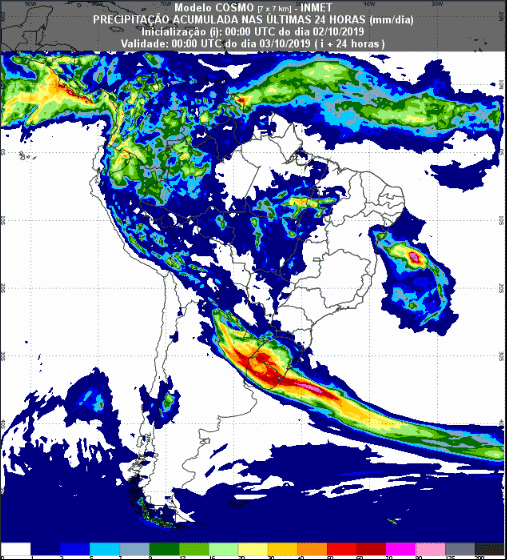 Mapa com a previsão de precipitação acumulada para até 93 horas (03/10 a 05/10) em todo o Brasil - Fonte: Inmet