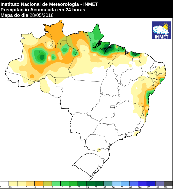 Mapa das áreas com precipitação acumulada nas últimas 24 horas - Fonte: Inmet