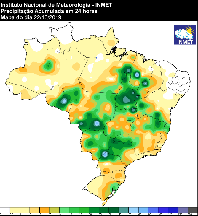Mapa de precipitação acumulada das últimas 24 horas em todo o Brasil - Fonte: Inmet