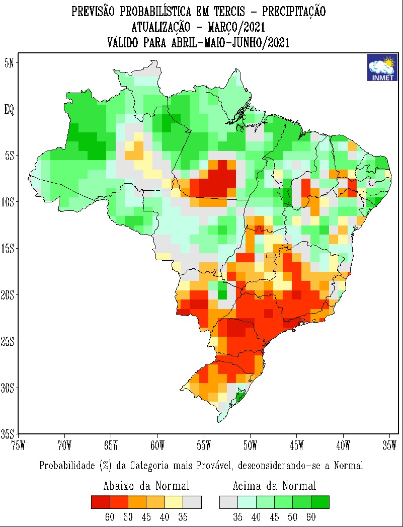 Mapa de previsão probabilística de precipitação em todo o Brasil - abril, maio e junho - Fonte: Inmet