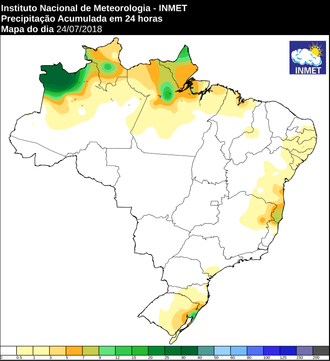 Mapa das áreas com precipitação acumulada nas últimas 24 horas em todo o Brasil - Fonte: Inmet