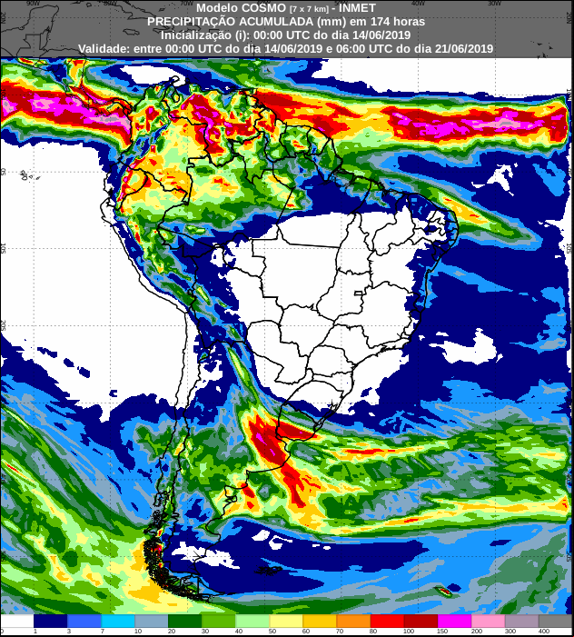Mapa com a previsão de precipitação acumulada para os próximos sete dias - Fonte: Inmet