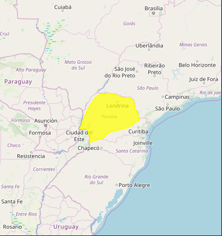 Mapa das áreas com alerta de tempestade nesta quinta-feira - Fonte: Inmet
