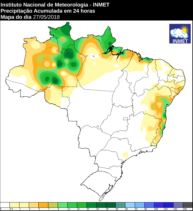 Mapa das áreas com precipitação acumulada nas últimas 24 horas - Fonte: Inmet