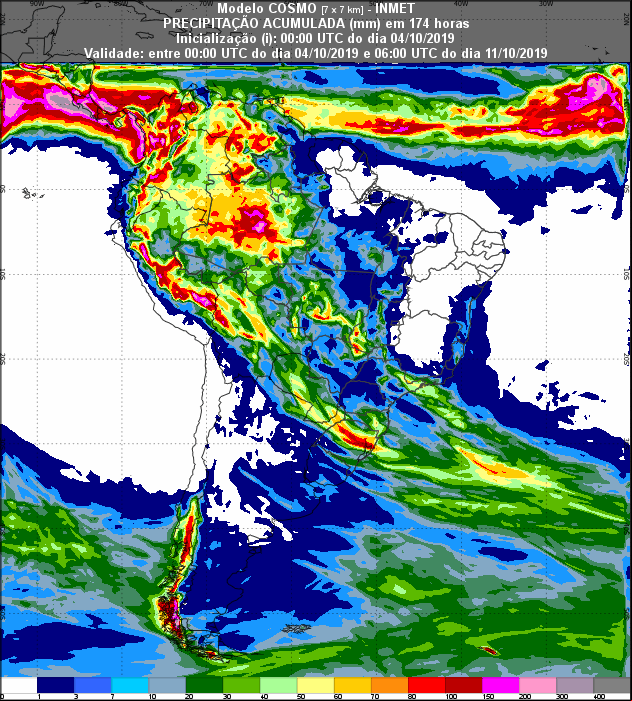 Mapa de precipitação acumulada para os próximos 7 dias em todo o Brasil - Fonte: Inmet