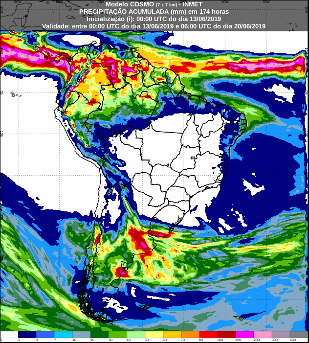 Mapa com a previsão de precipitação acumulada para os próximos sete dias - Fonte: Inmet