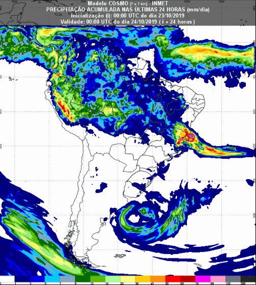 Mapa com a previsão de precipitação acumulada para até 93 horas (24/10 a 26/10) em todo o Brasil - Fonte: Inmet