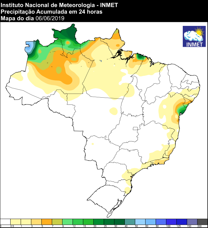 Mapa de precipitação acumulada das últimas 24 horas em todo o Brasil - Fonte: Inmet