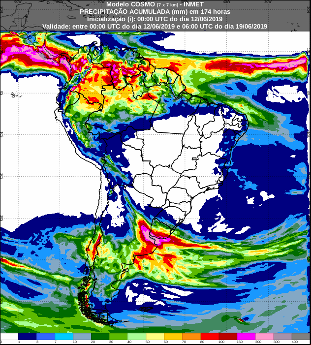 Mapa com a previsão de precipitação acumulada para os próximos sete dias - Fonte: Inmet