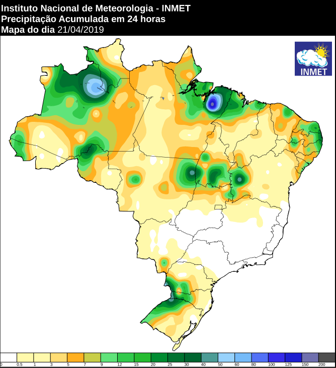 Mapa das áreas com precipitação acumulada nas últimas 24 horas -  Fonte: Inmet