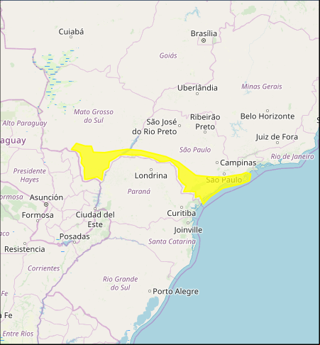 Mapa das áreas com alerta de tempestade nesta 5ª feira - Fonte: Inmet