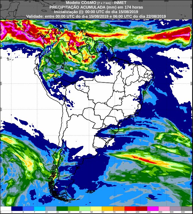 Mapa com a precipitação acumulada nos próximos sete dias em todo o Brasil - Fonte: Inmet