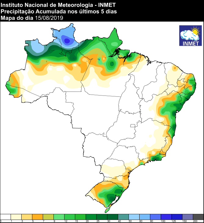 Mapa de precipitação acumulada dos últimos 5 dias em todo o Brasil - Fonte: Inmet