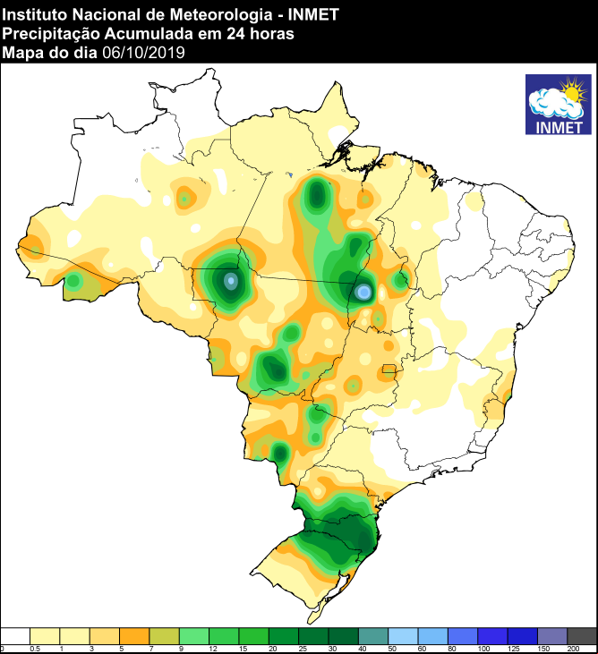 Mapa de precipitação acumulada das últimas 24 horas em todo o Brasil - Fonte: Inmet