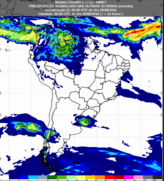 Mapa com a previsão de precipitação acumulada para até 72 horas (30/08 a 01/09) em todo o Brasil - Fonte: Inmet