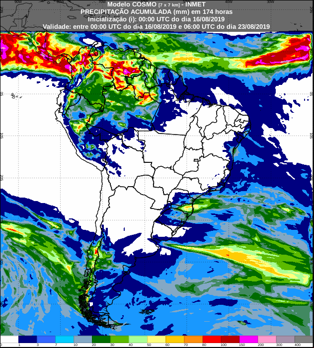 Mapa com a precipitação acumulada nos próximos sete dias em todo o Brasil - Fonte: Inmet