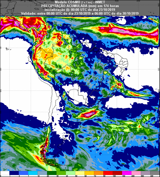 Mapa com precipitação acumulada nos próximos 7 dias em todo o Brasil - Fonte: Inmet