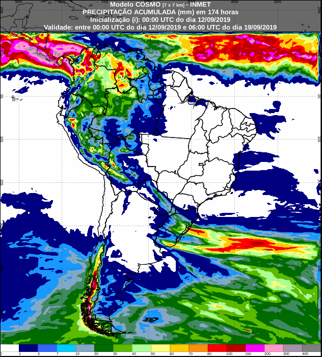 Mapa de precipitação acumulada para os próximos sete dias em todo o Brasil - Fonte: Inmet