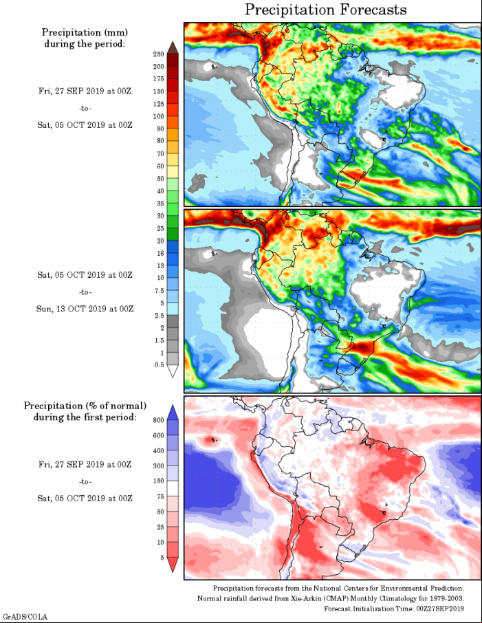 Mapa com a tendência de precipitação acumulada para o período de 27 de setembro até 13 de outubro - Fonte: National Centers for Environmental Prediction/NOAA