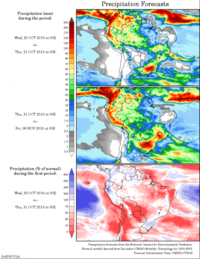 Mapa com a tendência de precipitação acumulada para o período de 23 de outubro até 08 de novembro - Fonte: National Centers for Environmental Prediction/NOAA