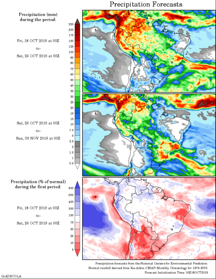 Mapa com a tendência de precipitação acumulada para o período de 18 de outubro até 03 de novembro - Fonte: National Centers for Environmental Prediction/NOAA