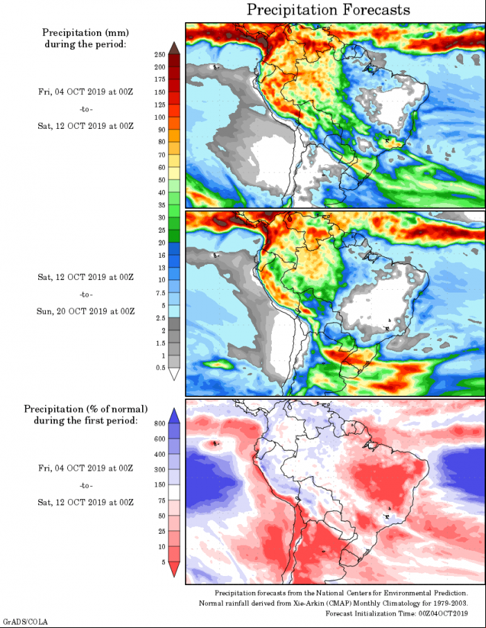 Mapa com a tendência de precipitação acumulada para o período de 04 de outubro até 20 de outubro - Fonte: National Centers for Environmental Prediction/NOAA