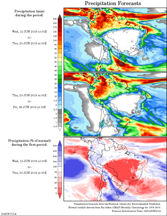 Mapa com a tendência de precipitação acumulada para o período de 12 até 28 de junho - Fonte: National Centers for Environmental Prediction/NOAA