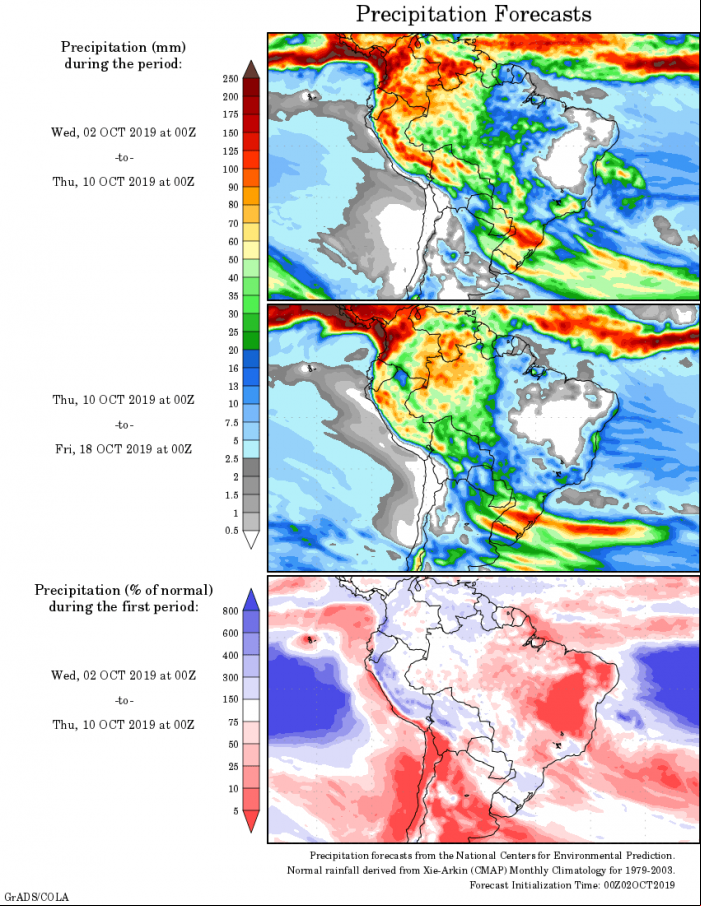 Mapa com a tendência de precipitação acumulada para o período de 02 de outubro até 18 de outubro - Fonte: National Centers for Environmental Prediction/NOAA