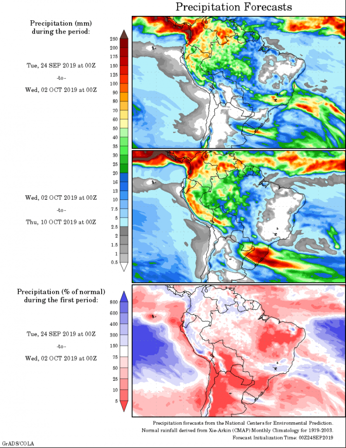 Mapa com a tendência de precipitação acumulada para o período de 24 de setembro até 10 de outubro - Fonte: National Centers for Environmental Prediction/NOAA