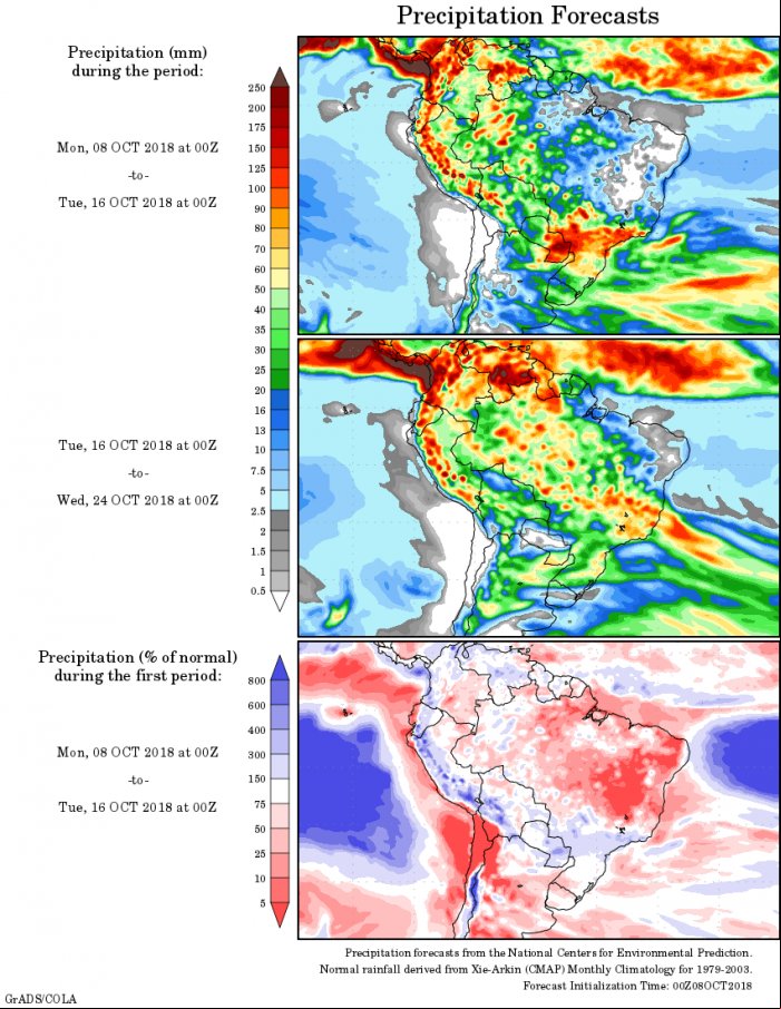 Mapa com a precipitação acumulada para o período de 08 de outubro até 24 de outubro - Fonte: National Centers for Environmental Prediction/NOAA