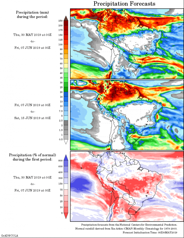 Mapa com a tendência de precipitação acumulada para o período de 30 de maio 15 de junho - Fonte: National Centers for Environmental Prediction/NOAA