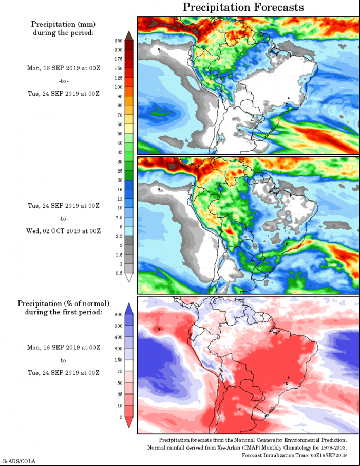 Mapa com a tendência de precipitação acumulada para o período de 16 de setembro até 02 de outubro - Fonte: National Centers for Environmental Prediction/NOAA