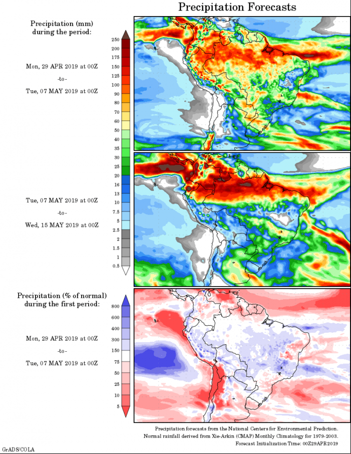 Mapa com a tendência de precipitação acumulada para o período de 29 de abril até 15 de maio - Fonte: National Centers for Environmental Prediction/NOAA