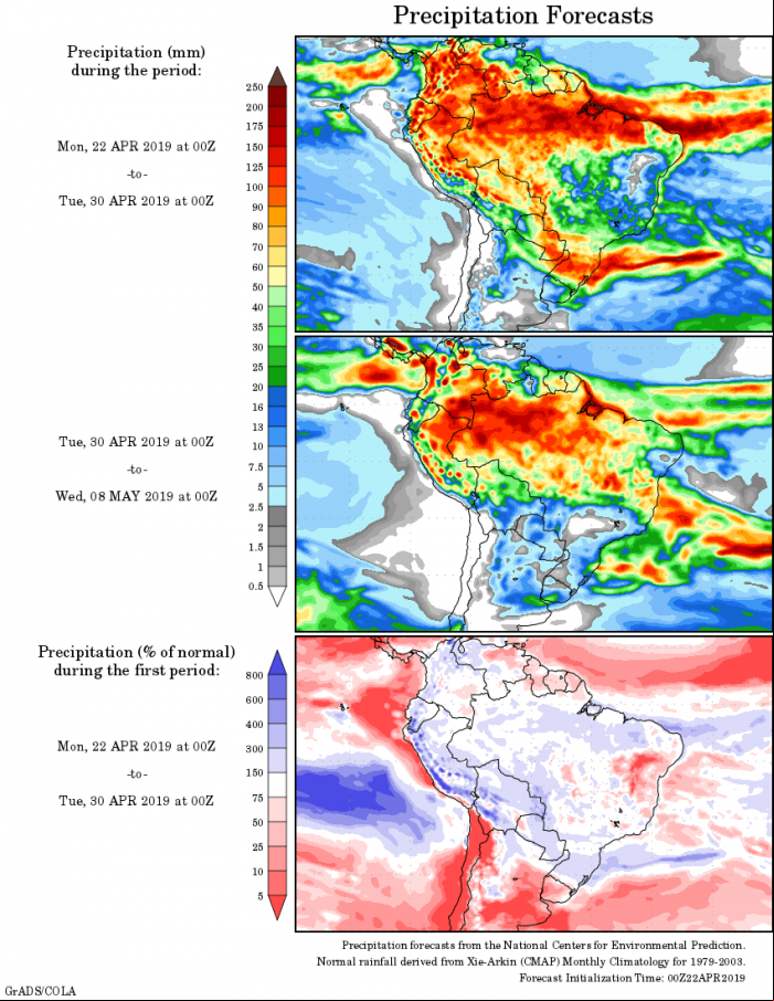 Mapa com a tendência de precipitação acumulada para o período de 22 de abril até 08 de maio - Fonte: National Centers for Environmental Prediction/NOAA