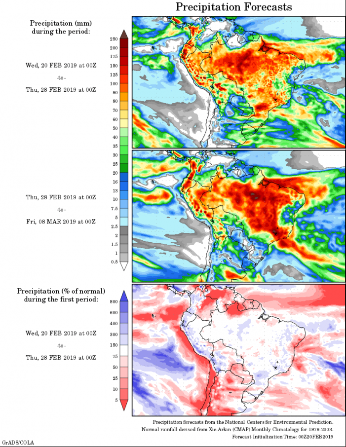 Mapa com a tendência de precipitação acumulada para o período de 20 de fevereiro até 08 de março - Fonte: National Centers for Environmental Prediction/NOAA