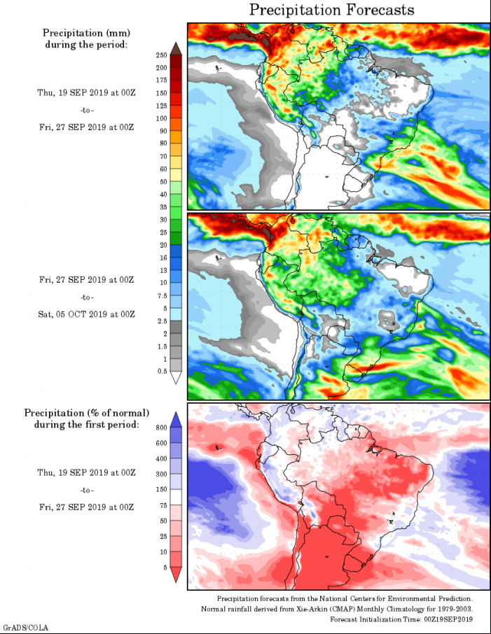 Mapa com a tendência de precipitação acumulada para o período de 19 de setembro até 05 de outubro - Fonte: National Centers for Environmental Prediction/NOAA