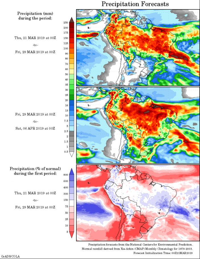 Mapa com a tendência de precipitação acumulada para o período de 21 de março até 29 de abril - Fonte: National Centers for Environmental Prediction/NOAA