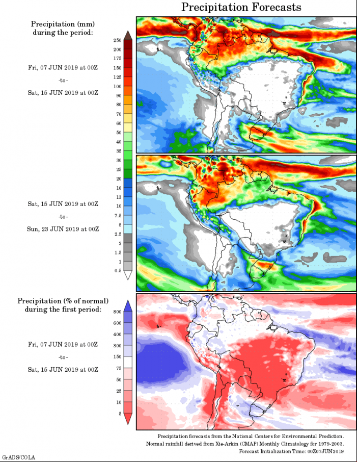 Mapa com a tendência de precipitação acumulada para o período de 07 até 23 de junho - Fonte: Inmet