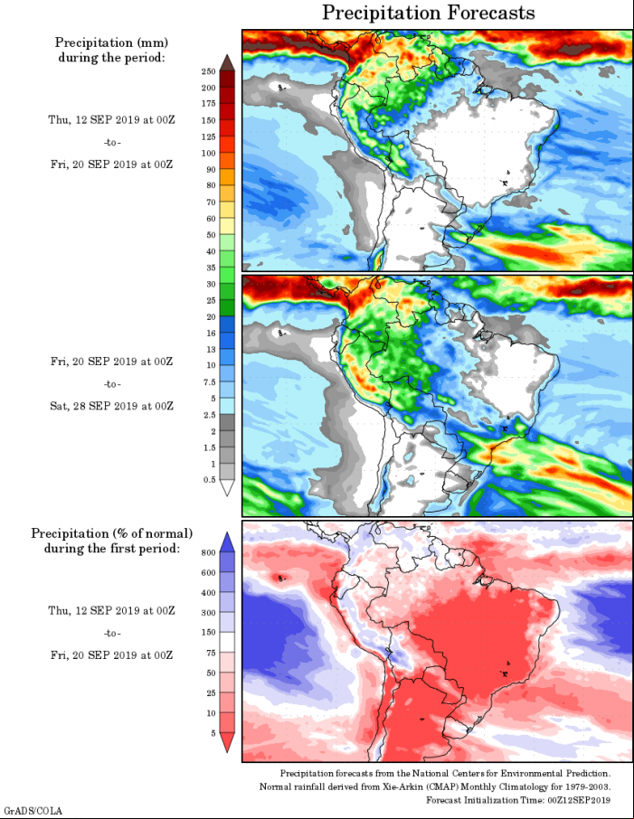 Mapa com a tendência de precipitação acumulada para o período de 12 até 28 de setembro - Fonte: National Centers for Environmental Prediction/NOAA
