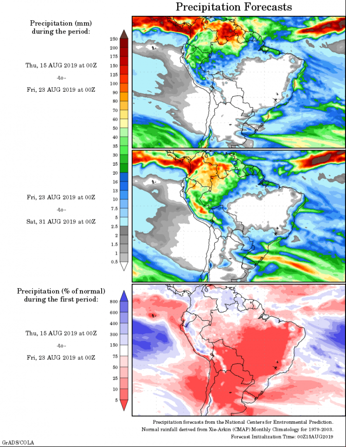Mapa com a tendência de precipitação acumulada para o período de 15 até 31 de agosto - Fonte: National Centers for Environmental Prediction/NOAA
