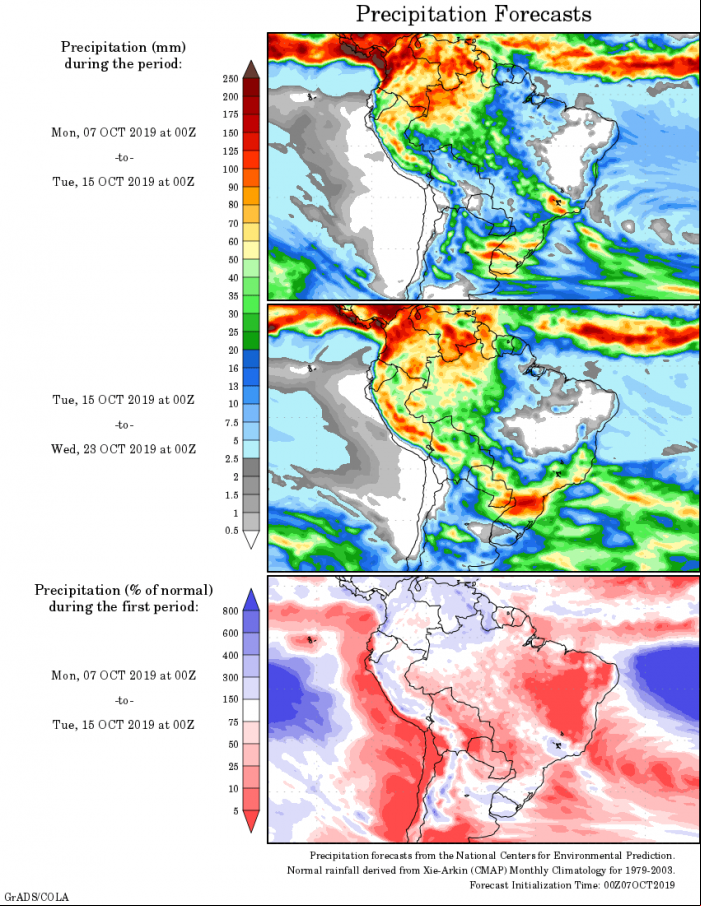 Mapa com a tendência de precipitação acumulada para o período de 07 de outubro até 23 de outubro - Fonte: National Centers for Environmental Prediction/NOAA