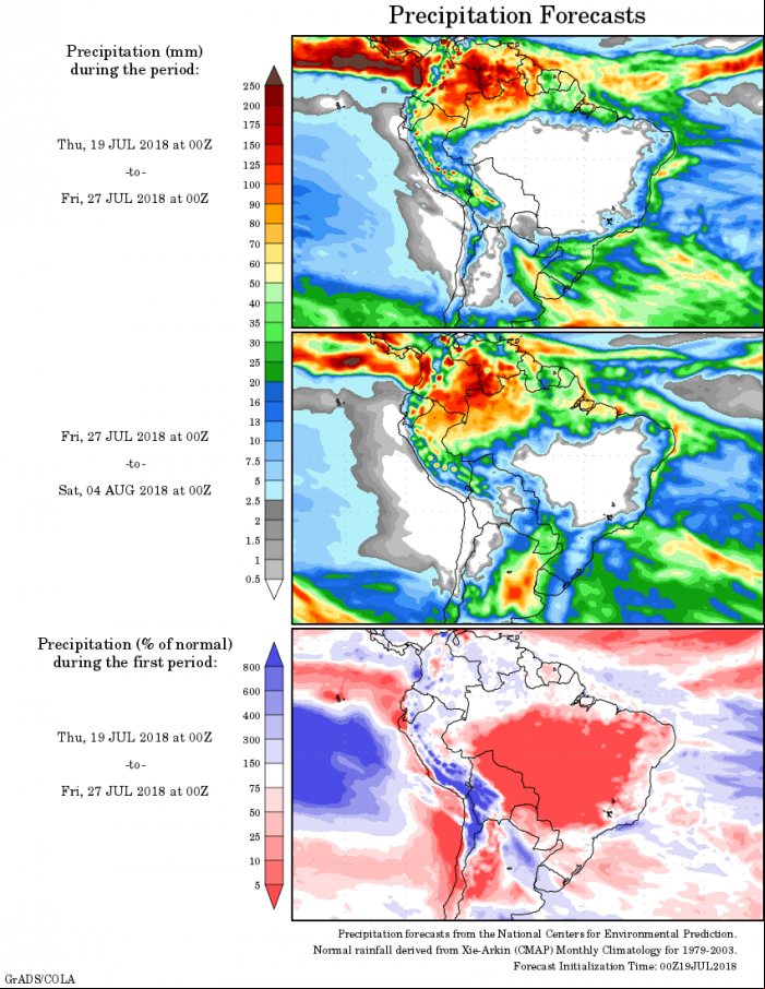 Mapa com a precipitação acumulada para o período de 19 de julho até 04 de agosto - Fonte: National Centers for Environmental Prediction/NOAA