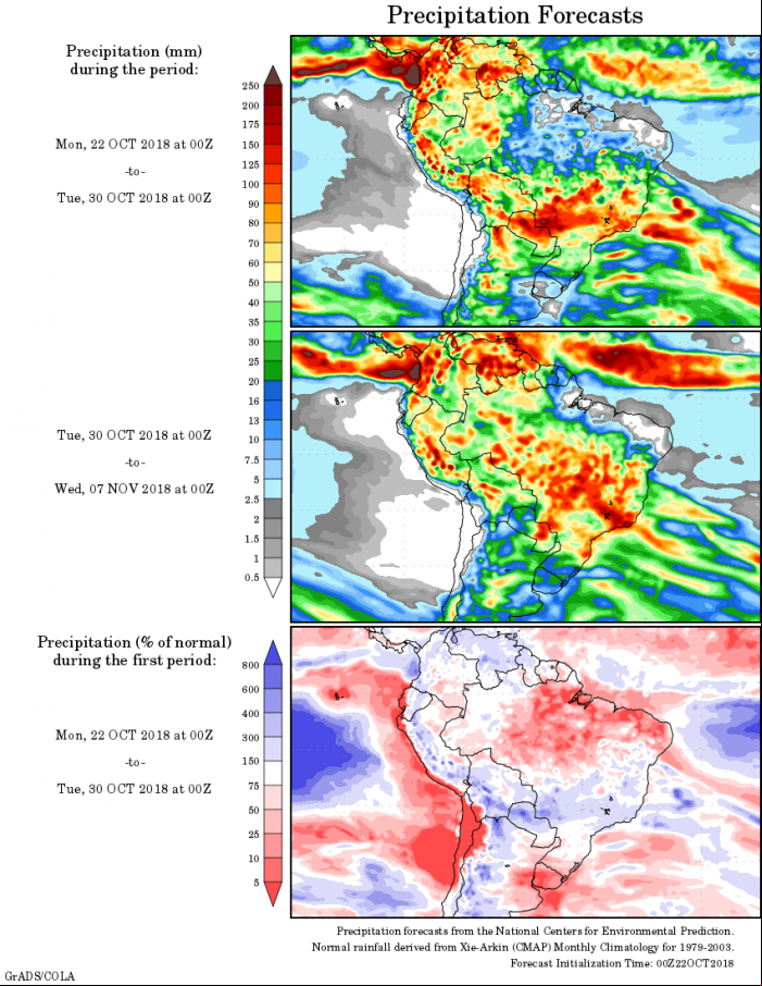 Mapa com a precipitação acumulada para o período de 22 de outubro 07 de novembro - Fonte: National Centers for Environmental Prediction/NOAA
